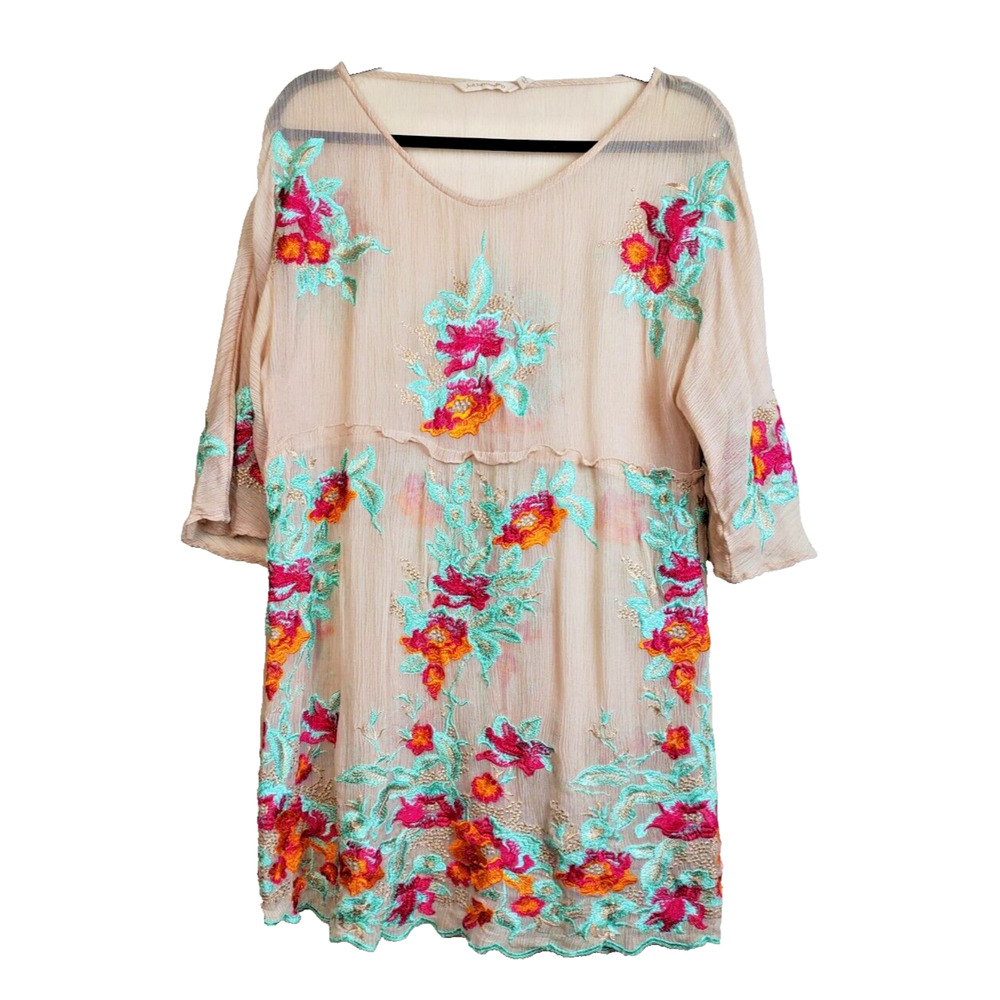 Soft Surroundings Womens Medium Top Heavily Embroidered Boho Tunic Silk Floral